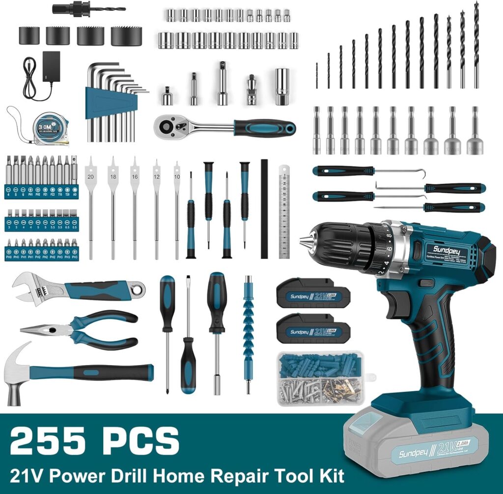 Sundpey Tool Kit with 21V Drill - Cordless Power Tool Set - 255-PCs General Basic Complete Home and Auto Repair Tools Set - Protable Household Tool Kit for Men Women(Wrench & Socket & Screwdriver Kit)